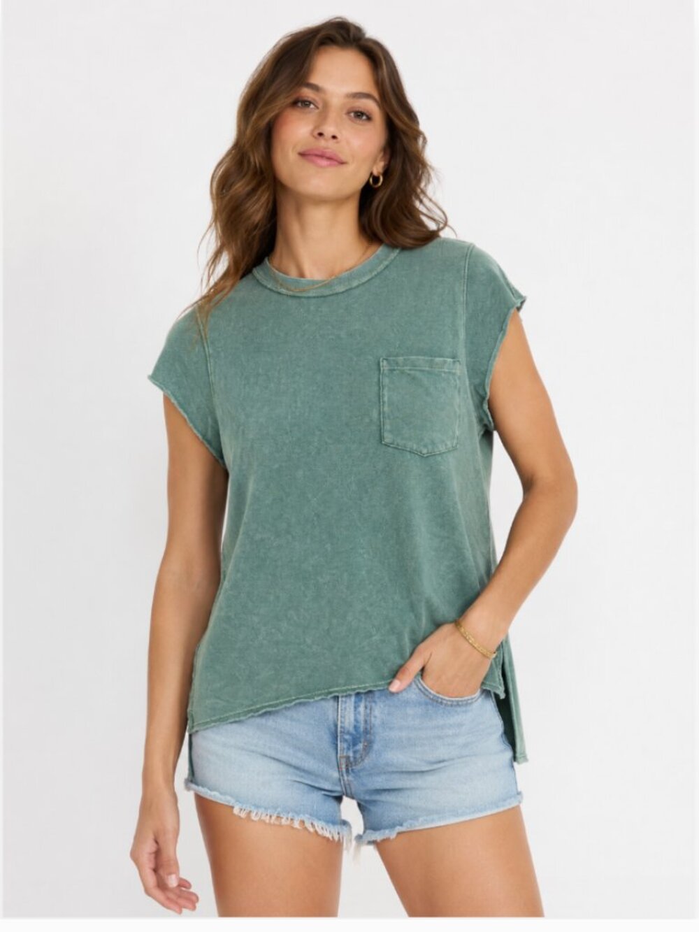 Anthropologie t.La Capped Sleeve Mineral Wash Pocket Side Slit Tee Green Size XS